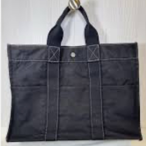 Authentic HERMES Sac Deauville PM Black Cotton 100% Canvas Tote Hand Bag
